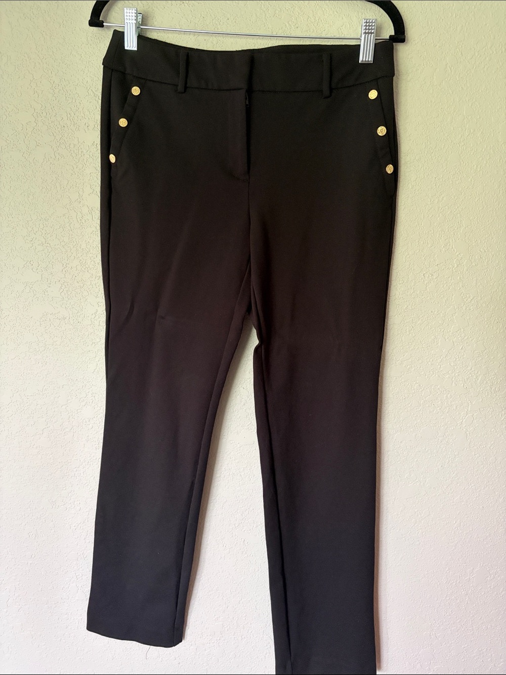 Anne Klein Cropped Black Straight-Leg Pants with Gold Button Detail
